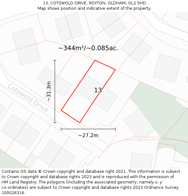 13, COTSWOLD DRIVE, ROYTON, OLDHAM, OL2 5HD: Plot and title map