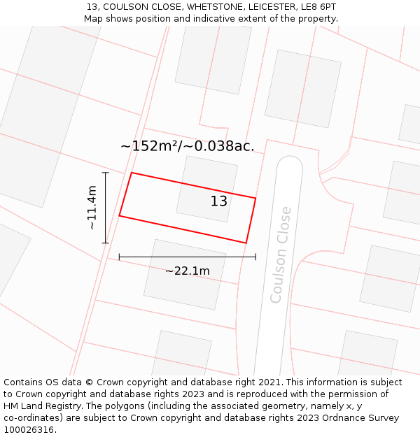13, COULSON CLOSE, WHETSTONE, LEICESTER, LE8 6PT: Plot and title map