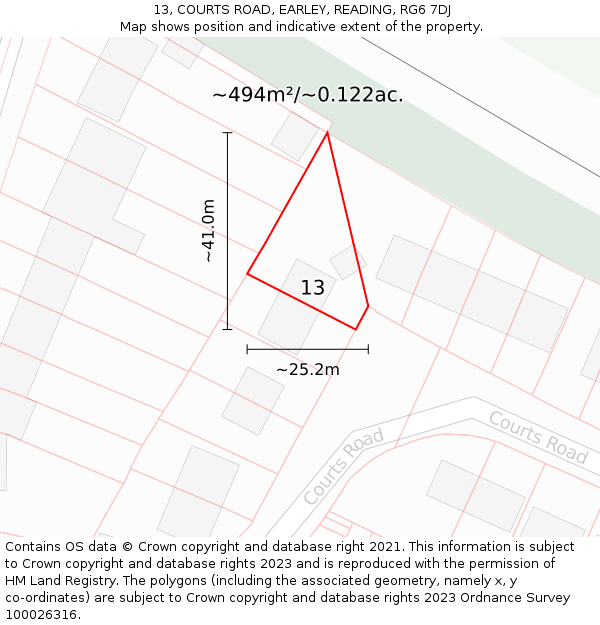 13, COURTS ROAD, EARLEY, READING, RG6 7DJ: Plot and title map