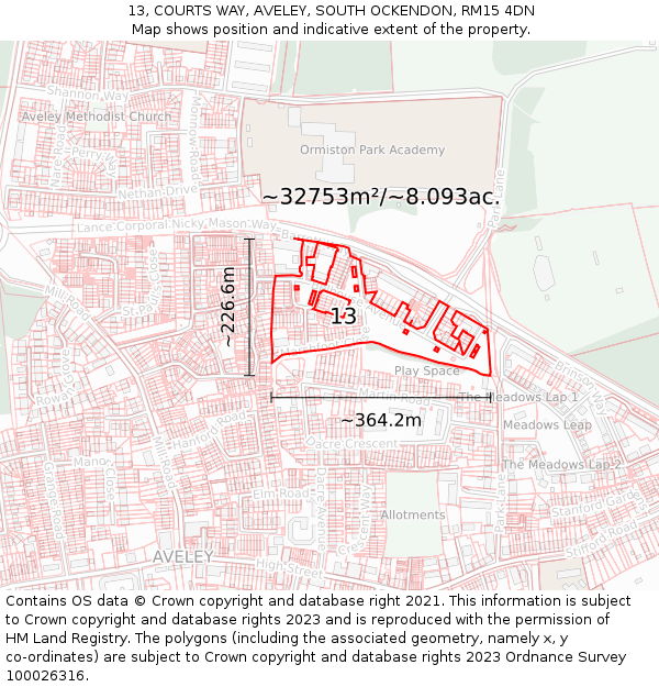 13, COURTS WAY, AVELEY, SOUTH OCKENDON, RM15 4DN: Plot and title map