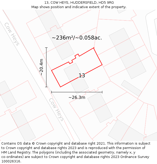 13, COW HEYS, HUDDERSFIELD, HD5 9RG: Plot and title map