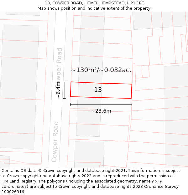 13, COWPER ROAD, HEMEL HEMPSTEAD, HP1 1PE: Plot and title map