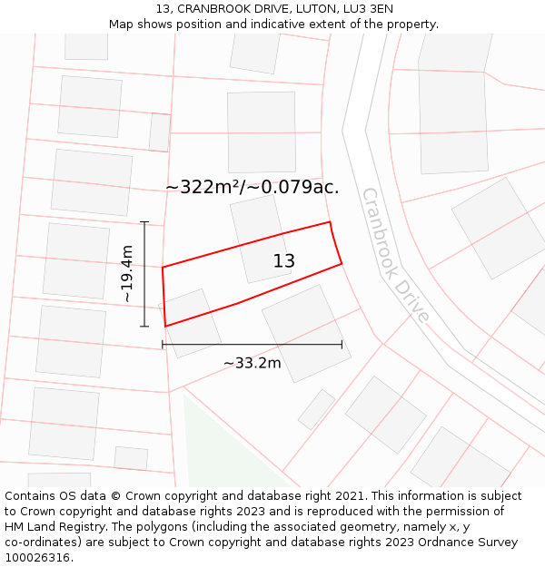13, CRANBROOK DRIVE, LUTON, LU3 3EN: Plot and title map