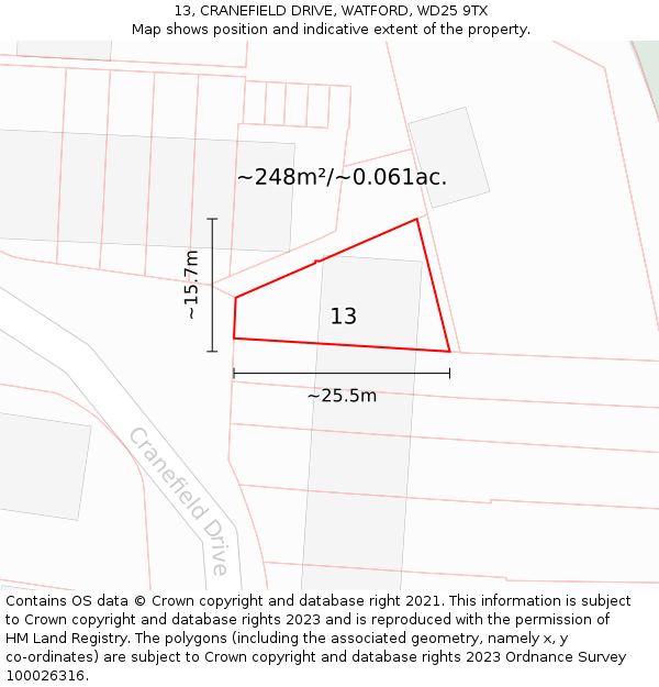 13, CRANEFIELD DRIVE, WATFORD, WD25 9TX: Plot and title map