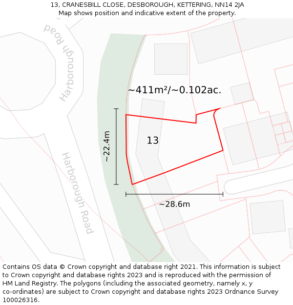 13, CRANESBILL CLOSE, DESBOROUGH, KETTERING, NN14 2JA: Plot and title map