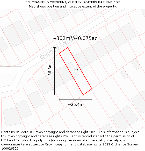 13, CRANFIELD CRESCENT, CUFFLEY, POTTERS BAR, EN6 4DY: Plot and title map