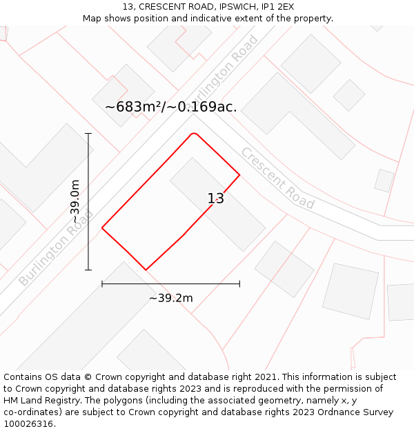 13, CRESCENT ROAD, IPSWICH, IP1 2EX: Plot and title map