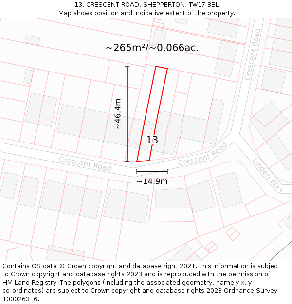 13, CRESCENT ROAD, SHEPPERTON, TW17 8BL: Plot and title map