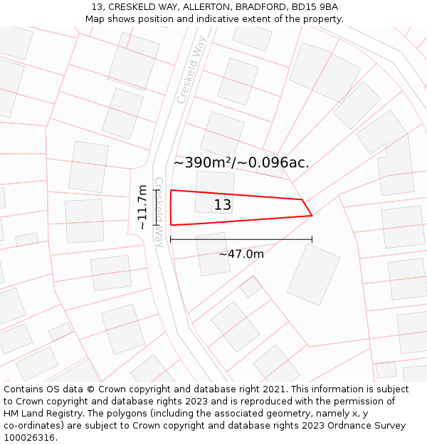 13, CRESKELD WAY, ALLERTON, BRADFORD, BD15 9BA: Plot and title map