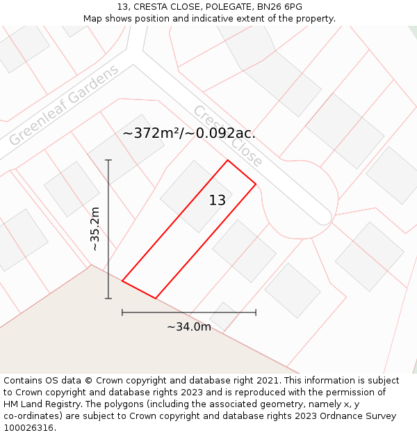 13, CRESTA CLOSE, POLEGATE, BN26 6PG: Plot and title map