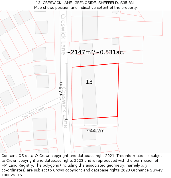 13, CRESWICK LANE, GRENOSIDE, SHEFFIELD, S35 8NL: Plot and title map