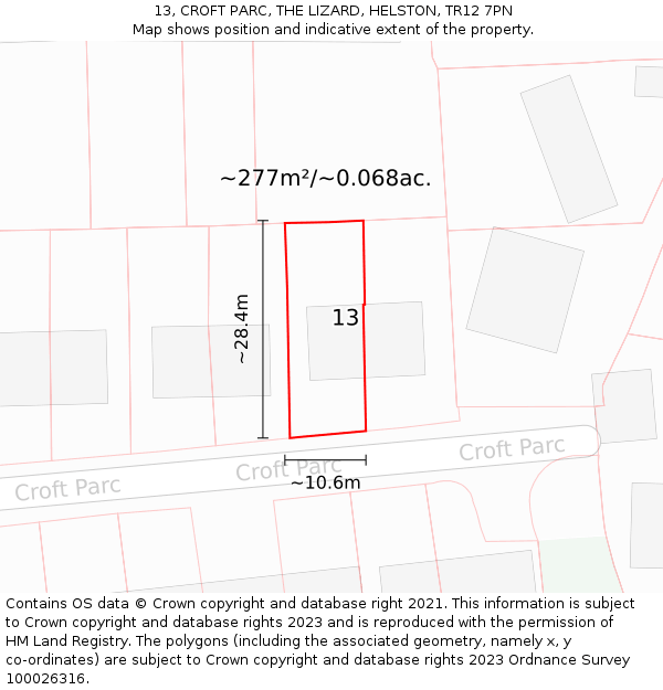 13, CROFT PARC, THE LIZARD, HELSTON, TR12 7PN: Plot and title map