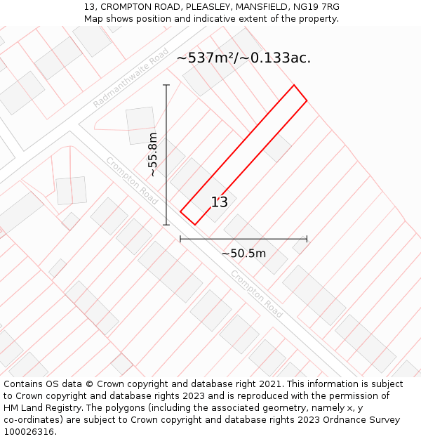 13, CROMPTON ROAD, PLEASLEY, MANSFIELD, NG19 7RG: Plot and title map