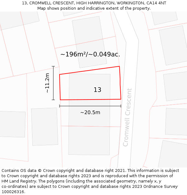 13, CROMWELL CRESCENT, HIGH HARRINGTON, WORKINGTON, CA14 4NT: Plot and title map