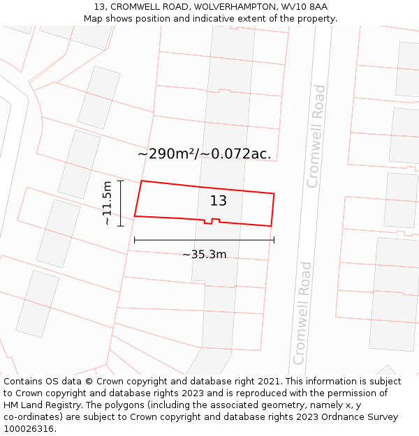 13, CROMWELL ROAD, WOLVERHAMPTON, WV10 8AA: Plot and title map