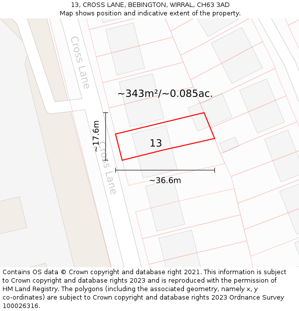 13, CROSS LANE, BEBINGTON, WIRRAL, CH63 3AD: Plot and title map