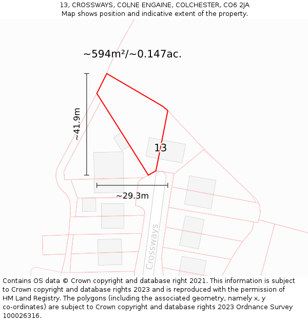 13, CROSSWAYS, COLNE ENGAINE, COLCHESTER, CO6 2JA: Plot and title map