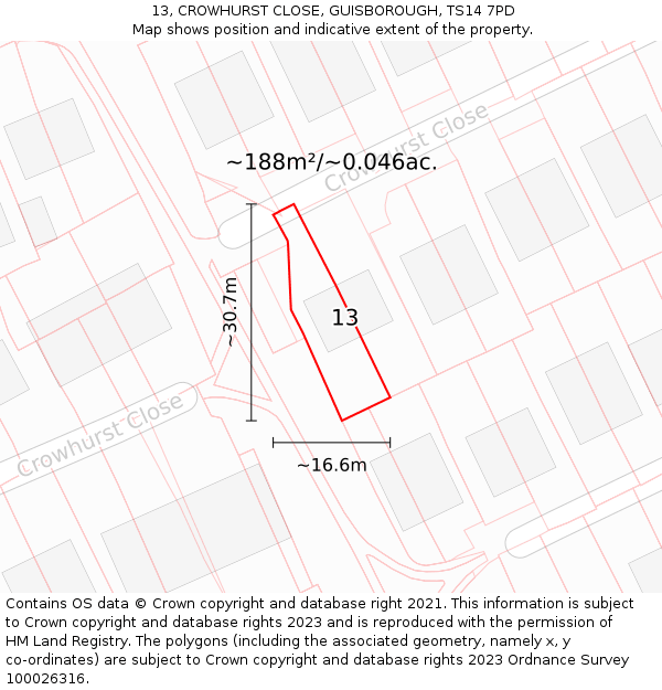 13, CROWHURST CLOSE, GUISBOROUGH, TS14 7PD: Plot and title map