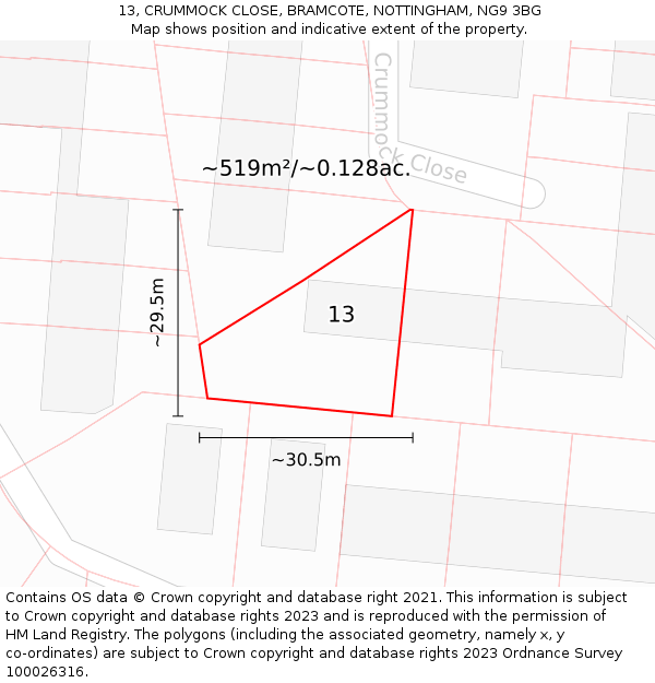 13, CRUMMOCK CLOSE, BRAMCOTE, NOTTINGHAM, NG9 3BG: Plot and title map