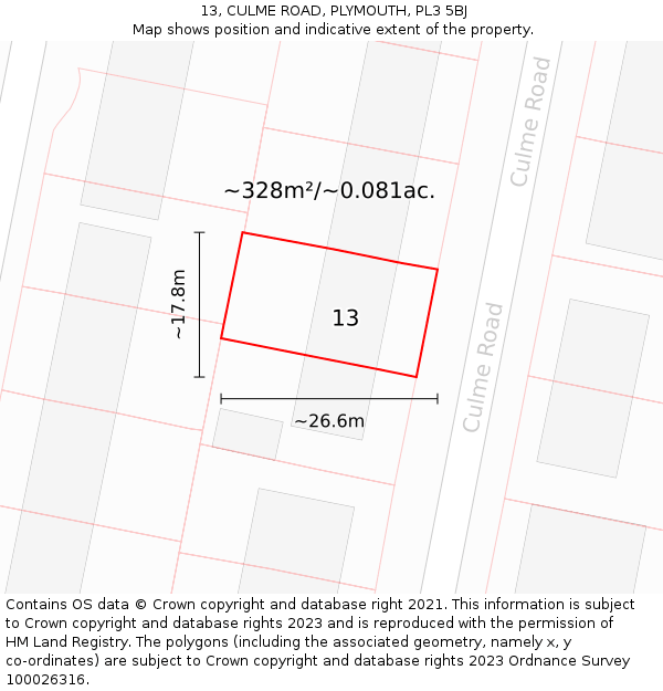 13, CULME ROAD, PLYMOUTH, PL3 5BJ: Plot and title map