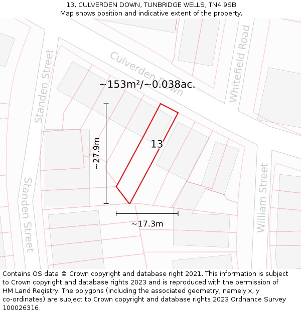 13, CULVERDEN DOWN, TUNBRIDGE WELLS, TN4 9SB: Plot and title map