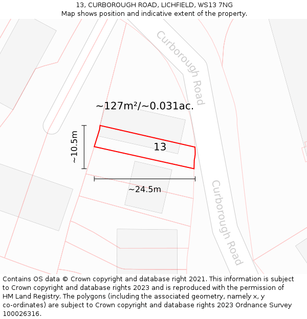 13, CURBOROUGH ROAD, LICHFIELD, WS13 7NG: Plot and title map