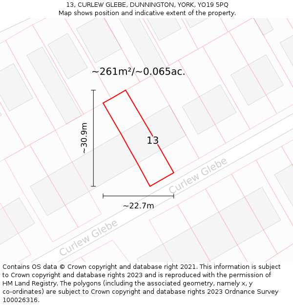 13, CURLEW GLEBE, DUNNINGTON, YORK, YO19 5PQ: Plot and title map
