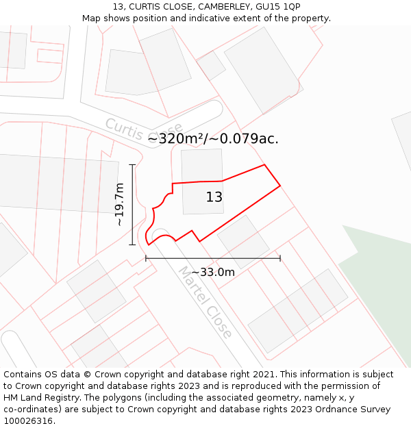 13, CURTIS CLOSE, CAMBERLEY, GU15 1QP: Plot and title map