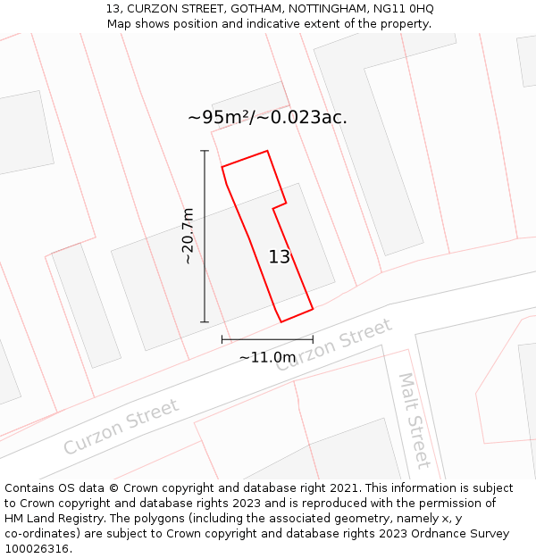 13, CURZON STREET, GOTHAM, NOTTINGHAM, NG11 0HQ: Plot and title map