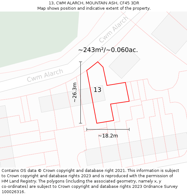 13, CWM ALARCH, MOUNTAIN ASH, CF45 3DR: Plot and title map