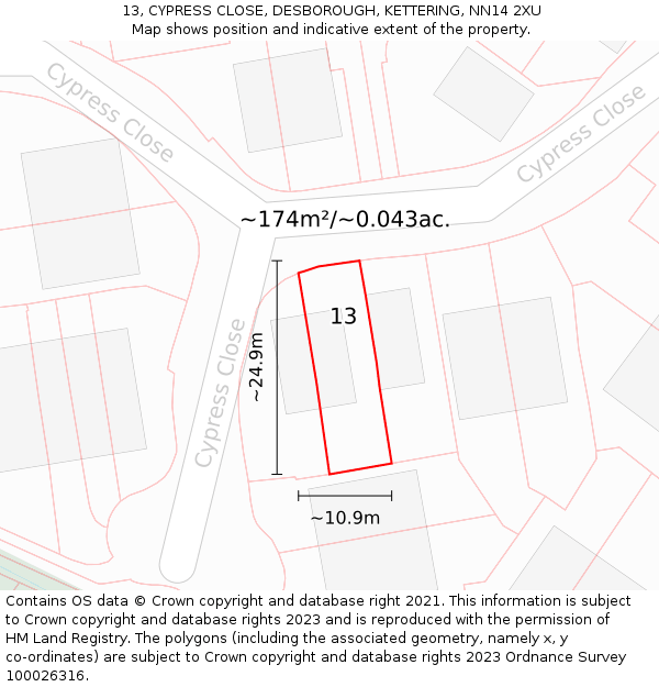 13, CYPRESS CLOSE, DESBOROUGH, KETTERING, NN14 2XU: Plot and title map