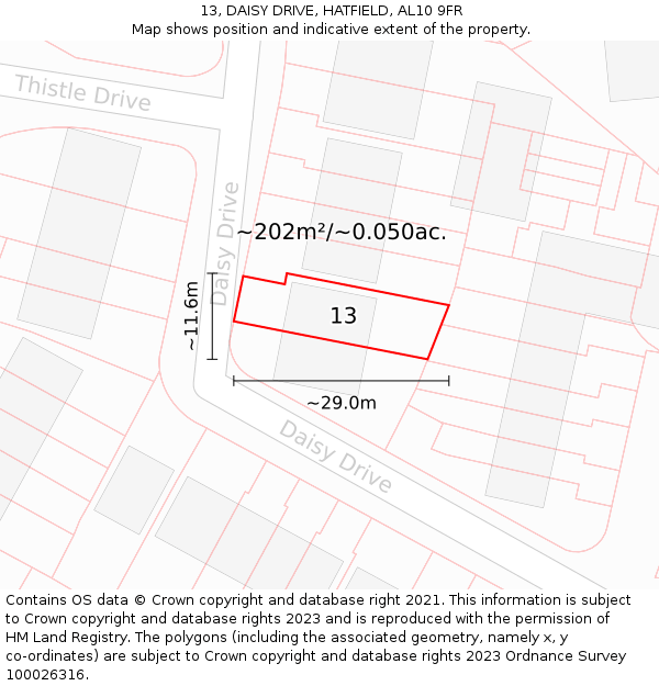 13, DAISY DRIVE, HATFIELD, AL10 9FR: Plot and title map