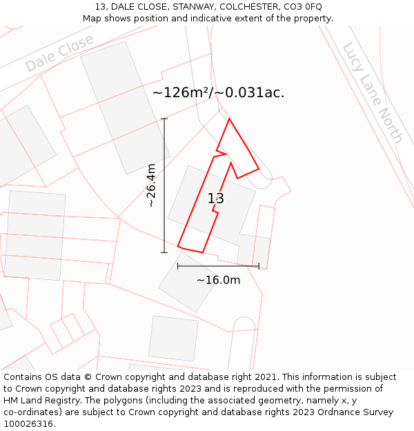 13, DALE CLOSE, STANWAY, COLCHESTER, CO3 0FQ: Plot and title map