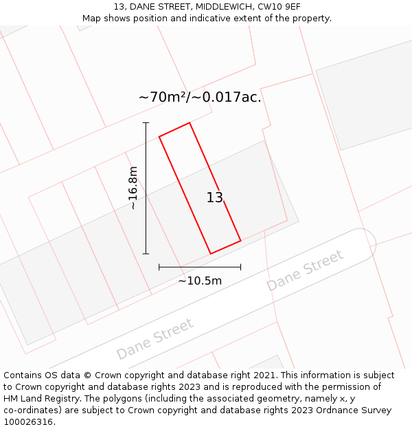 13, DANE STREET, MIDDLEWICH, CW10 9EF: Plot and title map