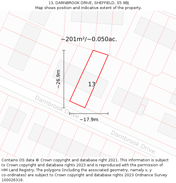 13, DARNBROOK DRIVE, SHEFFIELD, S5 9BJ: Plot and title map