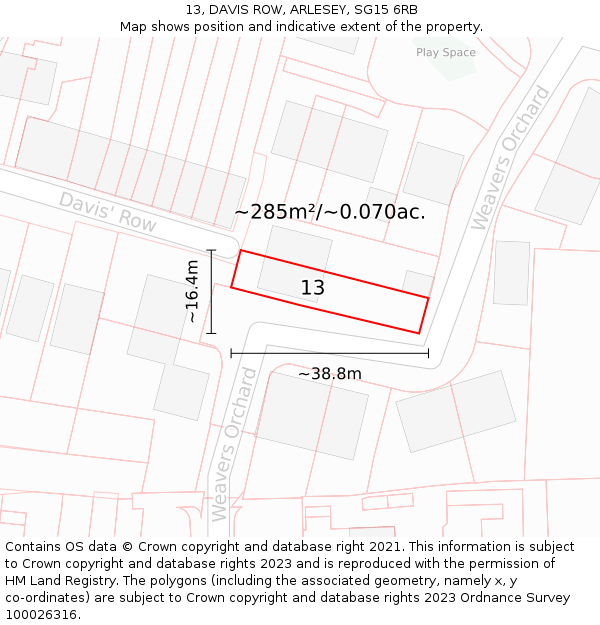 13, DAVIS ROW, ARLESEY, SG15 6RB: Plot and title map