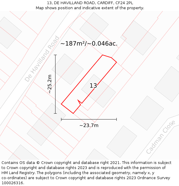 13, DE HAVILLAND ROAD, CARDIFF, CF24 2PL: Plot and title map