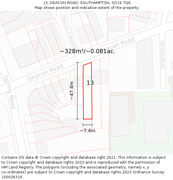 13, DEACON ROAD, SOUTHAMPTON, SO19 7QA: Plot and title map