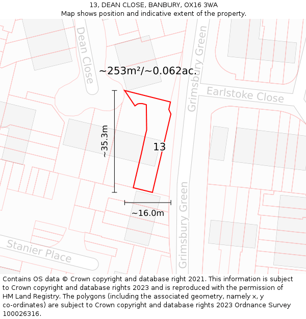 13, DEAN CLOSE, BANBURY, OX16 3WA: Plot and title map