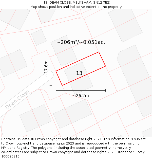 13, DEAN CLOSE, MELKSHAM, SN12 7EZ: Plot and title map