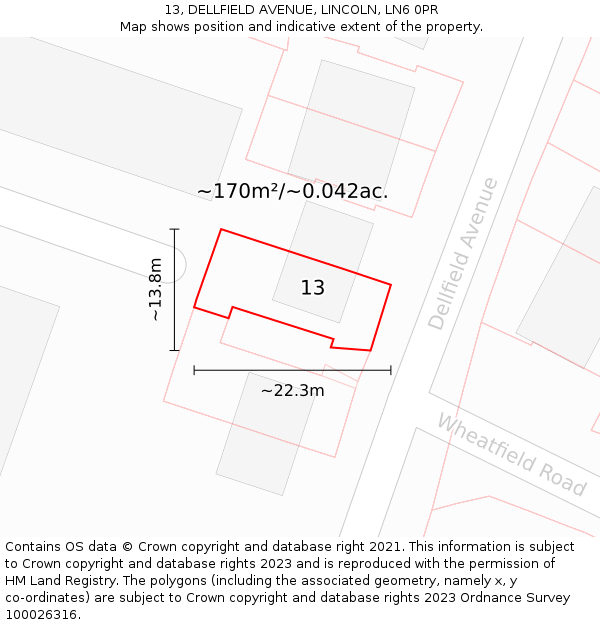 13, DELLFIELD AVENUE, LINCOLN, LN6 0PR: Plot and title map