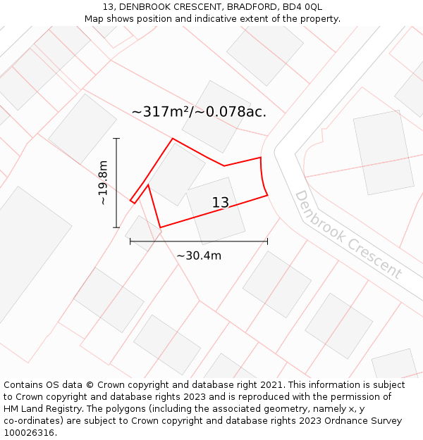 13, DENBROOK CRESCENT, BRADFORD, BD4 0QL: Plot and title map