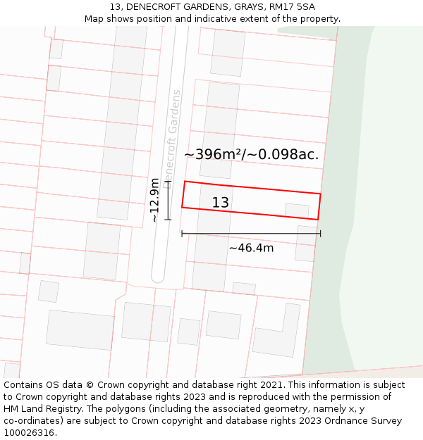 13, DENECROFT GARDENS, GRAYS, RM17 5SA: Plot and title map