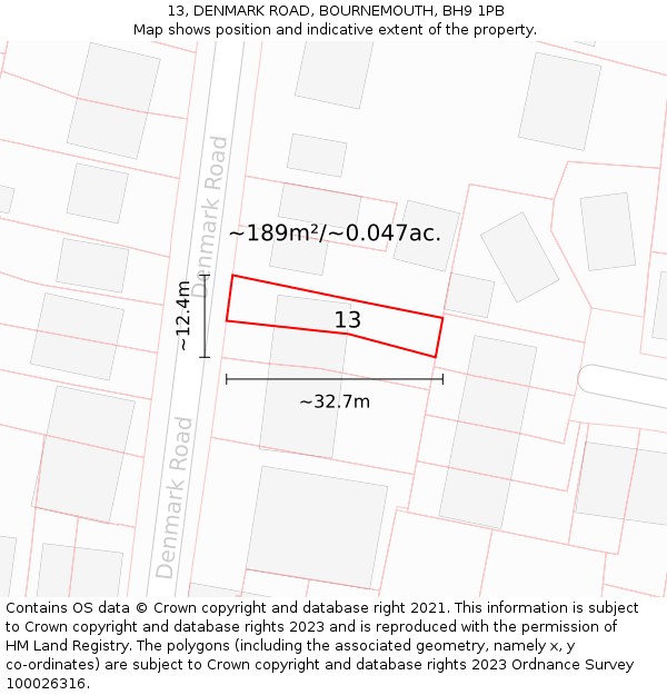 13, DENMARK ROAD, BOURNEMOUTH, BH9 1PB: Plot and title map
