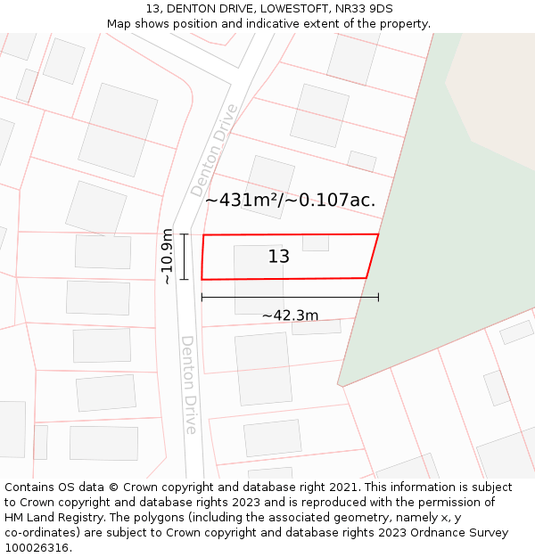 13, DENTON DRIVE, LOWESTOFT, NR33 9DS: Plot and title map