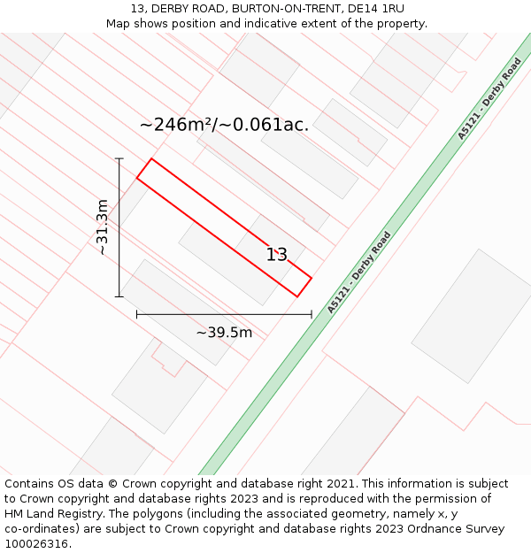 13, DERBY ROAD, BURTON-ON-TRENT, DE14 1RU: Plot and title map