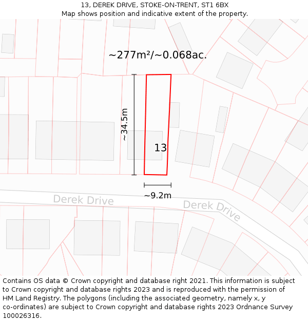 13, DEREK DRIVE, STOKE-ON-TRENT, ST1 6BX: Plot and title map