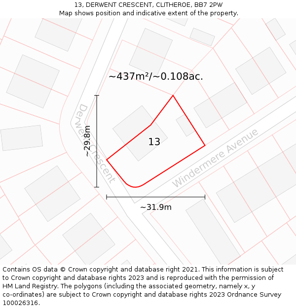 13, DERWENT CRESCENT, CLITHEROE, BB7 2PW: Plot and title map