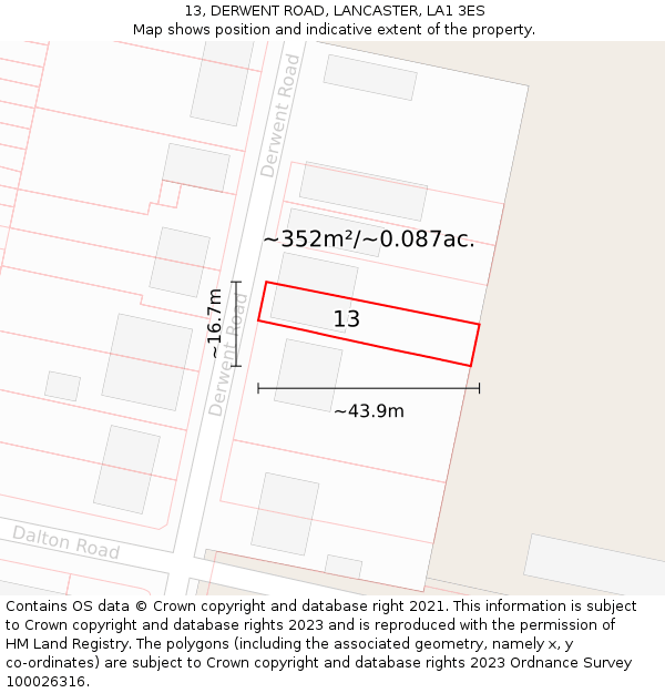 13, DERWENT ROAD, LANCASTER, LA1 3ES: Plot and title map