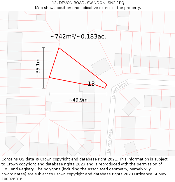 13, DEVON ROAD, SWINDON, SN2 1PQ: Plot and title map
